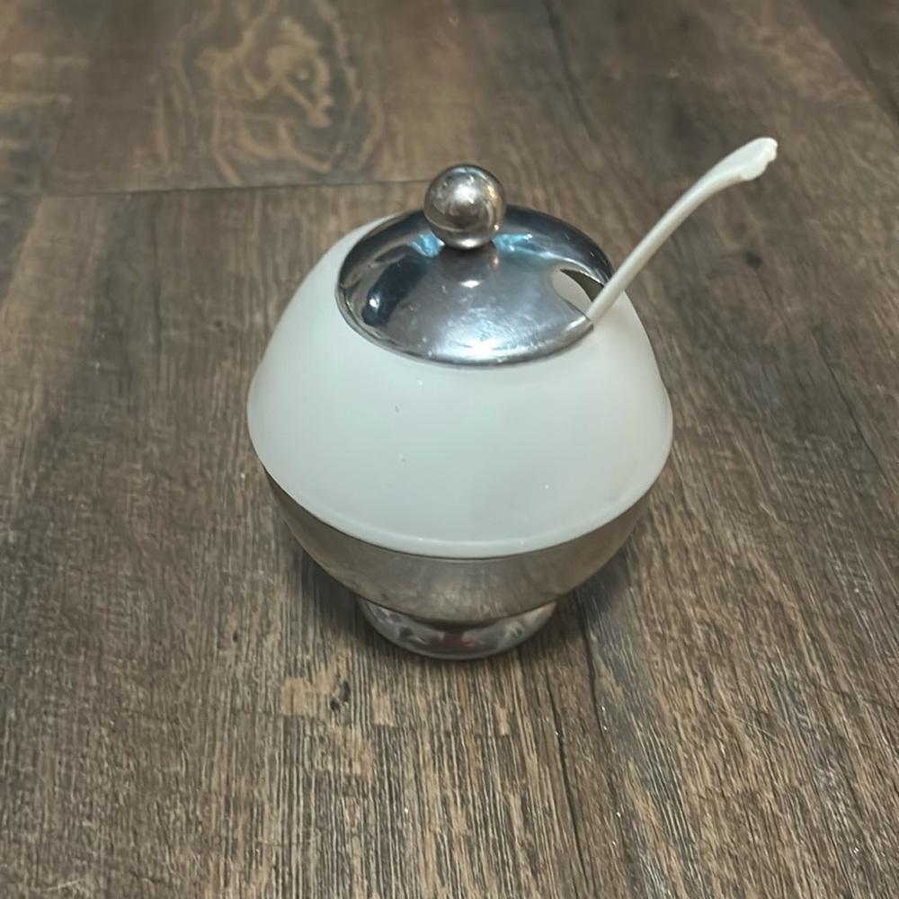 1930s Art Deco Chrome & Frosted Glass Condiment Server Jelly Jar with lid &Spoon